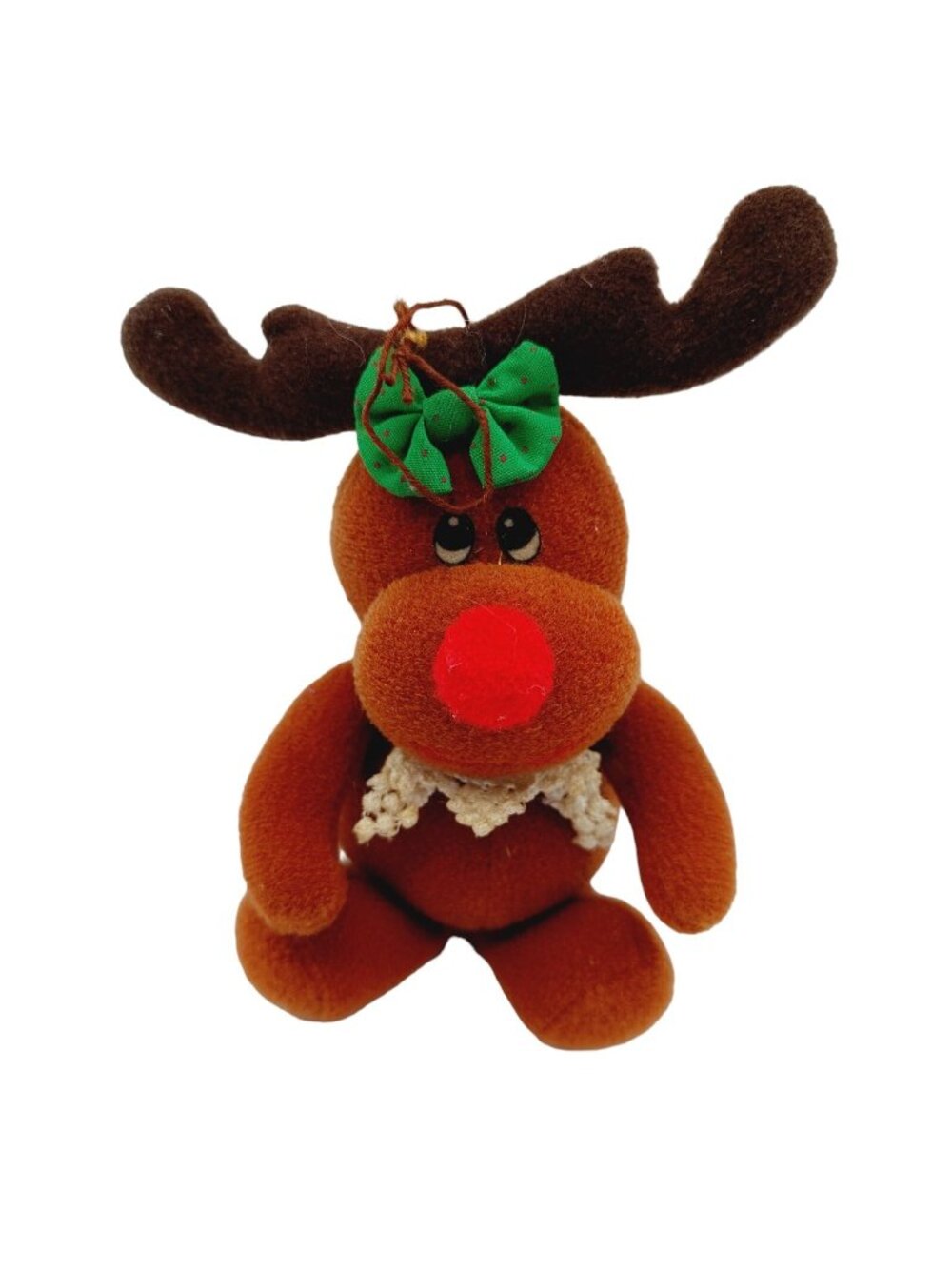 Russ Berrie Reindeer Plush Christmas Ornament Red Nose White Collar 4" Vintage